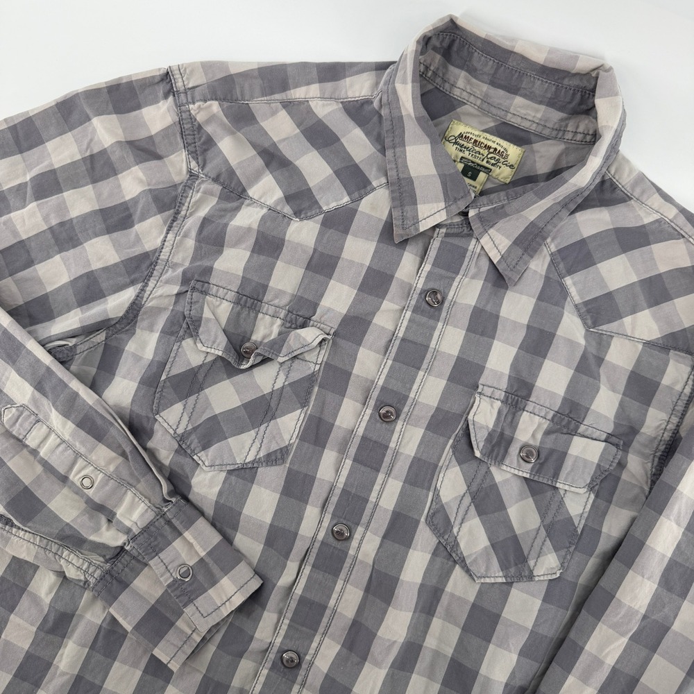 American Rag Button Down Shirt Mens Small Grey Buffalo Plaid Western Pearl Snap